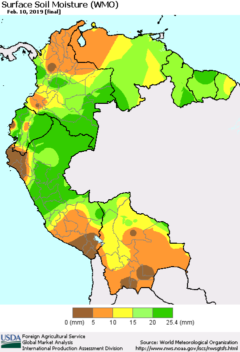 Northern South America Surface Soil Moisture (WMO) Thematic Map For 2/4/2019 - 2/10/2019