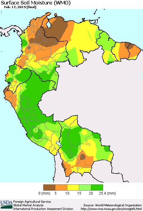 Northern South America Surface Soil Moisture (WMO) Thematic Map For 2/11/2019 - 2/17/2019