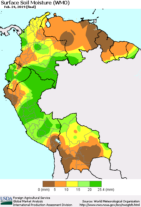 Northern South America Surface Soil Moisture (WMO) Thematic Map For 2/18/2019 - 2/24/2019