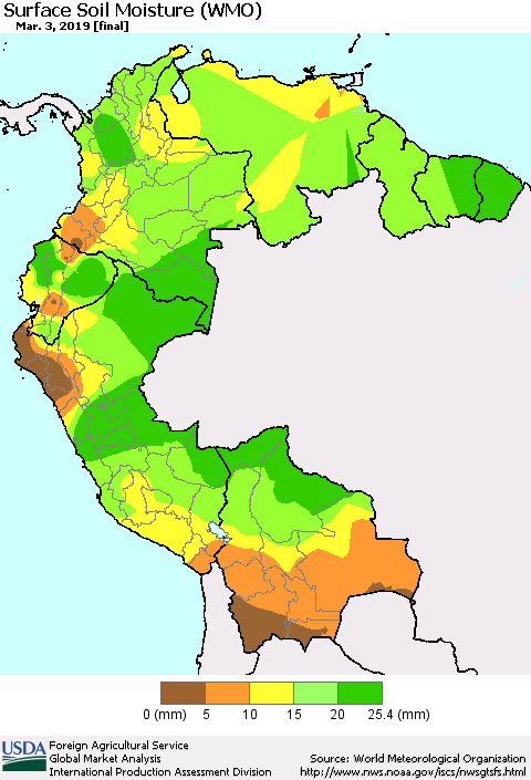 Northern South America Surface Soil Moisture (WMO) Thematic Map For 2/25/2019 - 3/3/2019
