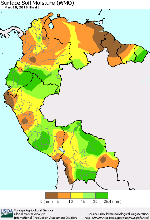 Northern South America Surface Soil Moisture (WMO) Thematic Map For 3/4/2019 - 3/10/2019