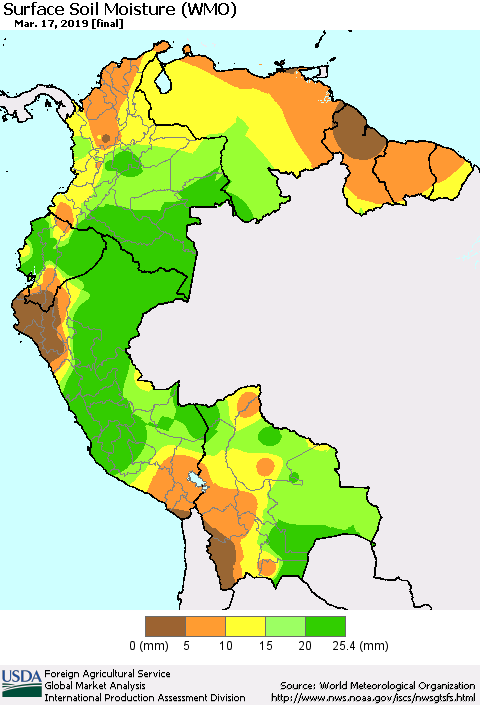 Northern South America Surface Soil Moisture (WMO) Thematic Map For 3/11/2019 - 3/17/2019
