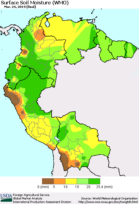 Northern South America Surface Soil Moisture (WMO) Thematic Map For 3/18/2019 - 3/24/2019