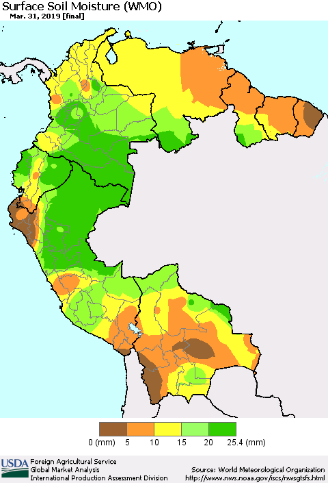 Northern South America Surface Soil Moisture (WMO) Thematic Map For 3/25/2019 - 3/31/2019
