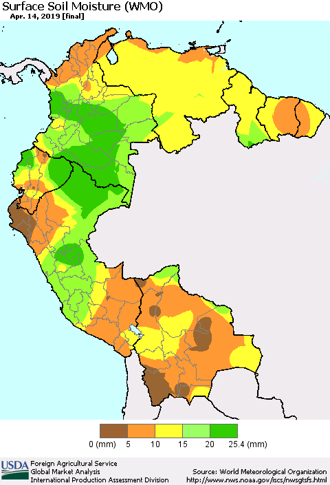 Northern South America Surface Soil Moisture (WMO) Thematic Map For 4/8/2019 - 4/14/2019