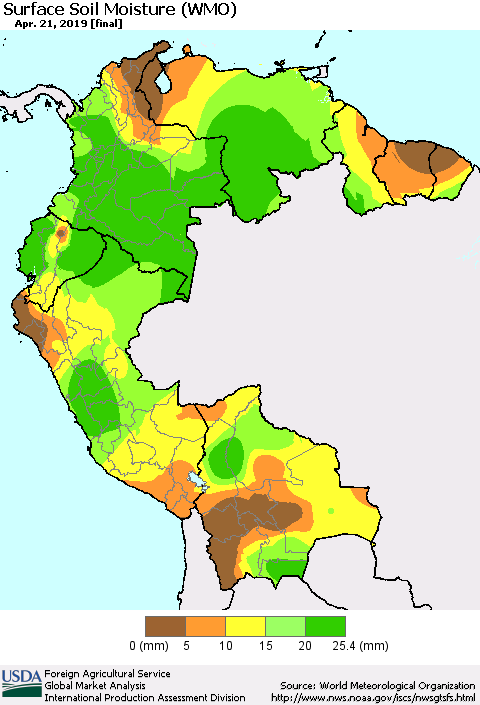 Northern South America Surface Soil Moisture (WMO) Thematic Map For 4/15/2019 - 4/21/2019