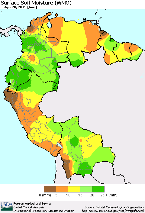 Northern South America Surface Soil Moisture (WMO) Thematic Map For 4/22/2019 - 4/28/2019