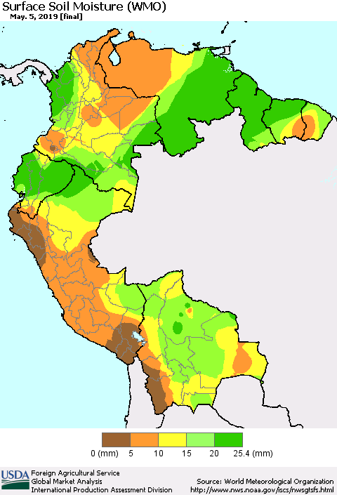 Northern South America Surface Soil Moisture (WMO) Thematic Map For 4/29/2019 - 5/5/2019