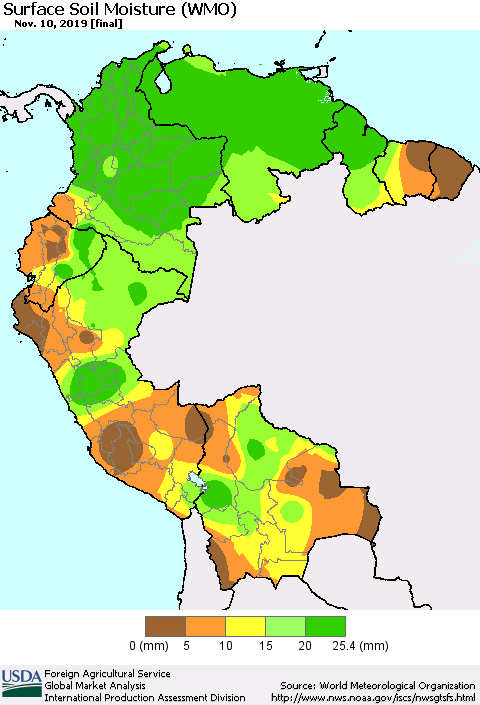 Northern South America Surface Soil Moisture (WMO) Thematic Map For 11/4/2019 - 11/10/2019