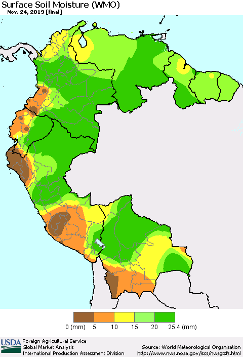 Northern South America Surface Soil Moisture (WMO) Thematic Map For 11/18/2019 - 11/24/2019