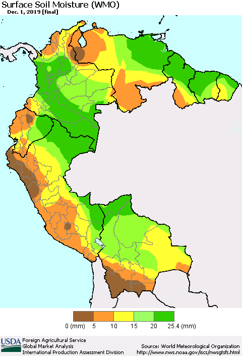 Northern South America Surface Soil Moisture (WMO) Thematic Map For 11/25/2019 - 12/1/2019