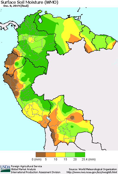 Northern South America Surface Soil Moisture (WMO) Thematic Map For 12/2/2019 - 12/8/2019