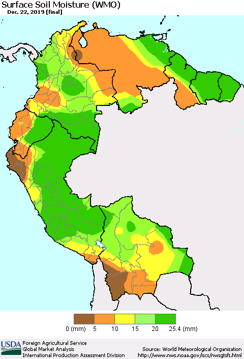Northern South America Surface Soil Moisture (WMO) Thematic Map For 12/16/2019 - 12/22/2019
