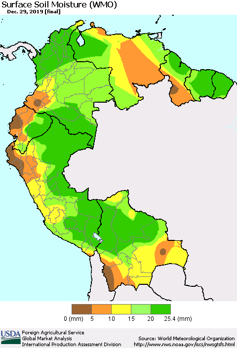 Northern South America Surface Soil Moisture (WMO) Thematic Map For 12/23/2019 - 12/29/2019