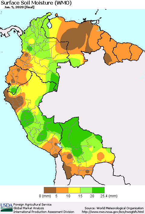 Northern South America Surface Soil Moisture (WMO) Thematic Map For 12/30/2019 - 1/5/2020