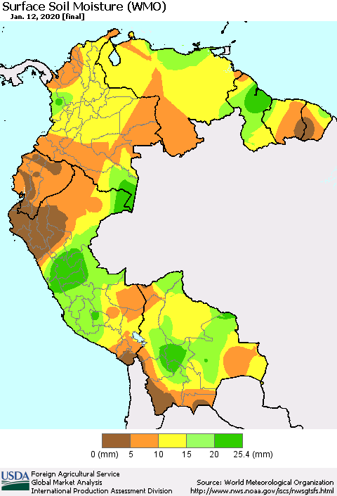Northern South America Surface Soil Moisture (WMO) Thematic Map For 1/6/2020 - 1/12/2020