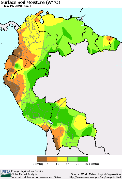 Northern South America Surface Soil Moisture (WMO) Thematic Map For 1/13/2020 - 1/19/2020