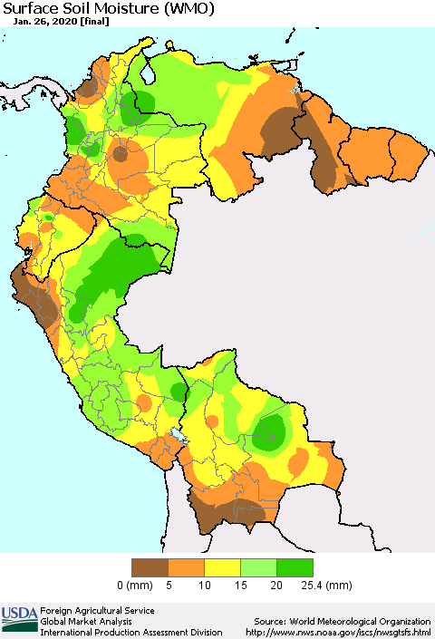 Northern South America Surface Soil Moisture (WMO) Thematic Map For 1/20/2020 - 1/26/2020