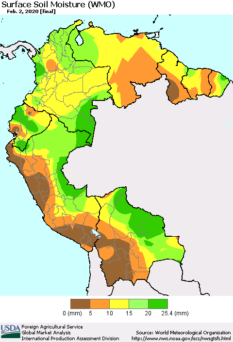 Northern South America Surface Soil Moisture (WMO) Thematic Map For 1/27/2020 - 2/2/2020