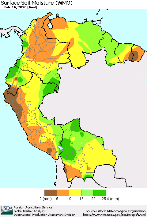 Northern South America Surface Soil Moisture (WMO) Thematic Map For 2/10/2020 - 2/16/2020
