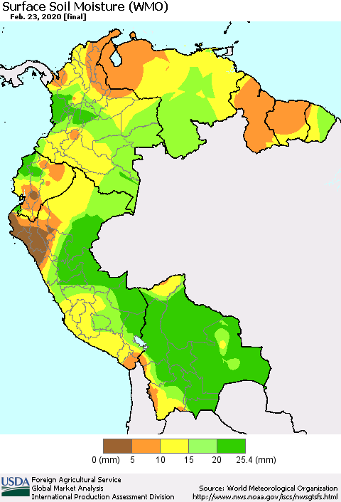Northern South America Surface Soil Moisture (WMO) Thematic Map For 2/17/2020 - 2/23/2020