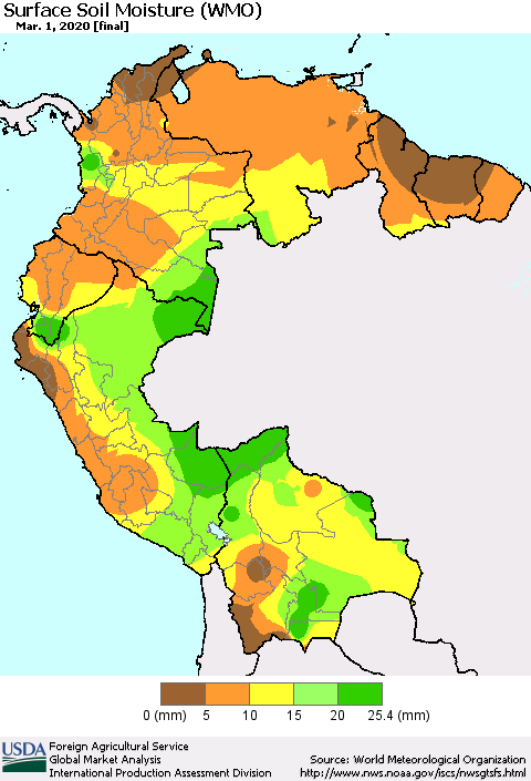 Northern South America Surface Soil Moisture (WMO) Thematic Map For 2/24/2020 - 3/1/2020