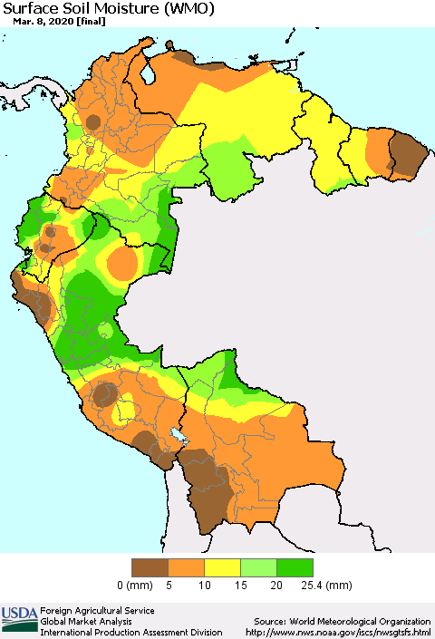 Northern South America Surface Soil Moisture (WMO) Thematic Map For 3/2/2020 - 3/8/2020