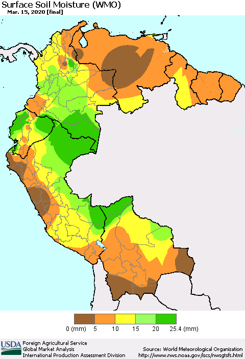 Northern South America Surface Soil Moisture (WMO) Thematic Map For 3/9/2020 - 3/15/2020