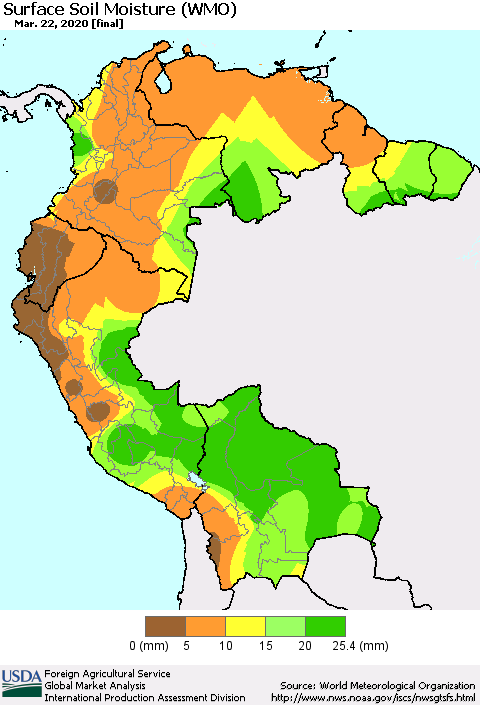 Northern South America Surface Soil Moisture (WMO) Thematic Map For 3/16/2020 - 3/22/2020