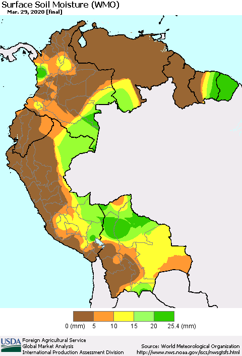 Northern South America Surface Soil Moisture (WMO) Thematic Map For 3/23/2020 - 3/29/2020
