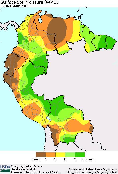 Northern South America Surface Soil Moisture (WMO) Thematic Map For 3/30/2020 - 4/5/2020