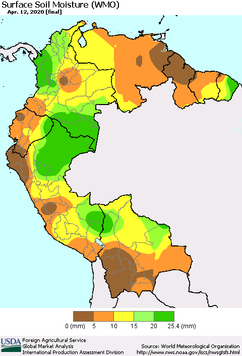 Northern South America Surface Soil Moisture (WMO) Thematic Map For 4/6/2020 - 4/12/2020