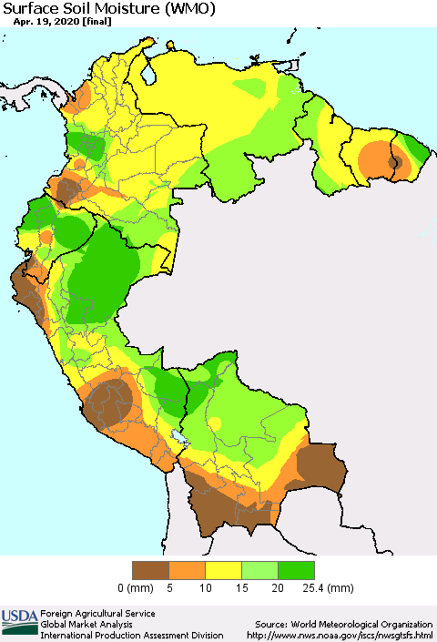 Northern South America Surface Soil Moisture (WMO) Thematic Map For 4/13/2020 - 4/19/2020