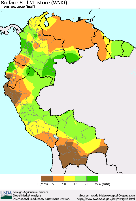 Northern South America Surface Soil Moisture (WMO) Thematic Map For 4/20/2020 - 4/26/2020