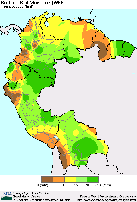Northern South America Surface Soil Moisture (WMO) Thematic Map For 4/27/2020 - 5/3/2020