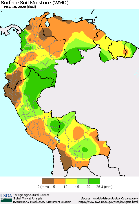 Northern South America Surface Soil Moisture (WMO) Thematic Map For 5/4/2020 - 5/10/2020