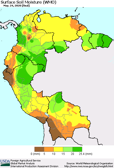 Northern South America Surface Soil Moisture (WMO) Thematic Map For 5/18/2020 - 5/24/2020