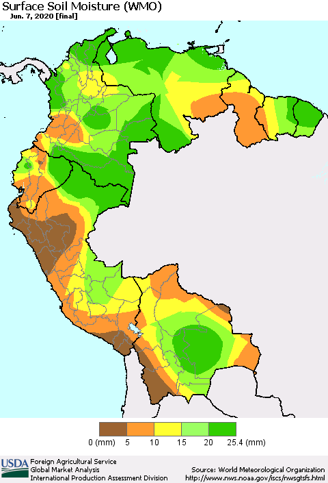 Northern South America Surface Soil Moisture (WMO) Thematic Map For 6/1/2020 - 6/7/2020
