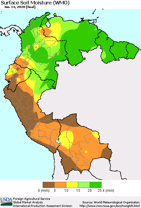 Northern South America Surface Soil Moisture (WMO) Thematic Map For 6/8/2020 - 6/14/2020
