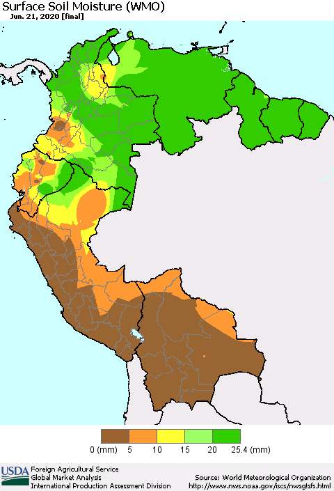 Northern South America Surface Soil Moisture (WMO) Thematic Map For 6/15/2020 - 6/21/2020
