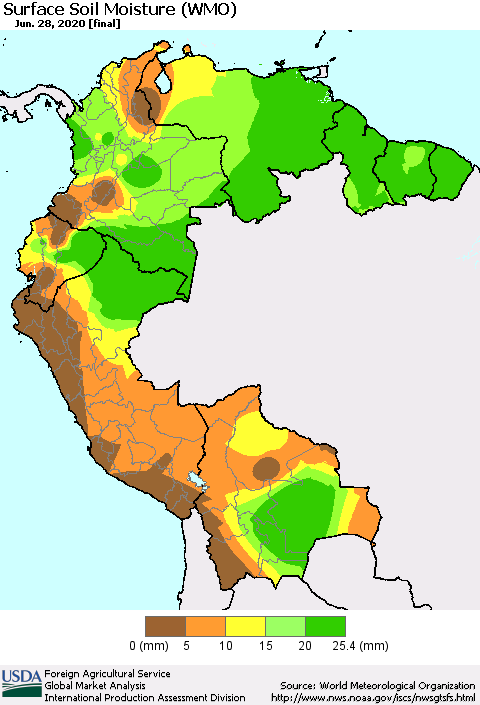 Northern South America Surface Soil Moisture (WMO) Thematic Map For 6/22/2020 - 6/28/2020
