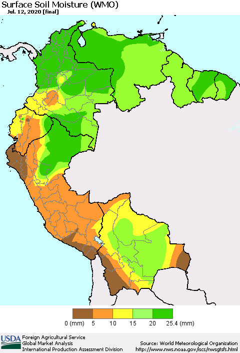 Northern South America Surface Soil Moisture (WMO) Thematic Map For 7/6/2020 - 7/12/2020