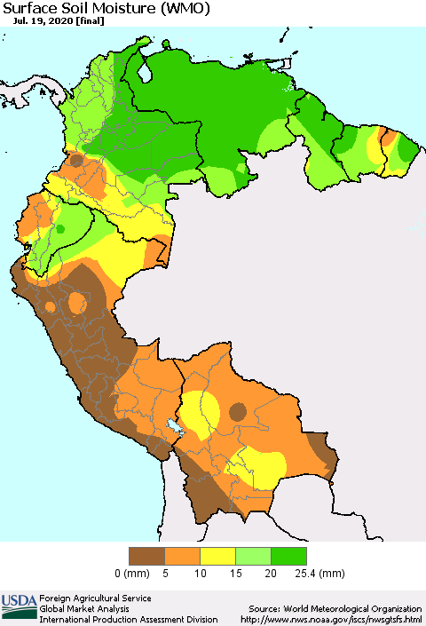 Northern South America Surface Soil Moisture (WMO) Thematic Map For 7/13/2020 - 7/19/2020