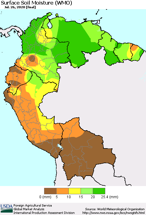Northern South America Surface Soil Moisture (WMO) Thematic Map For 7/20/2020 - 7/26/2020
