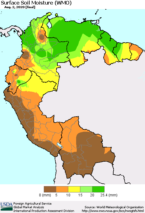 Northern South America Surface Soil Moisture (WMO) Thematic Map For 7/27/2020 - 8/2/2020