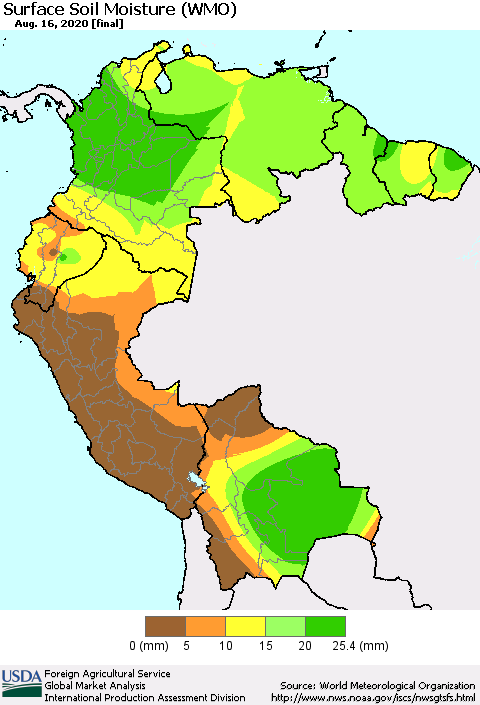 Northern South America Surface Soil Moisture (WMO) Thematic Map For 8/10/2020 - 8/16/2020