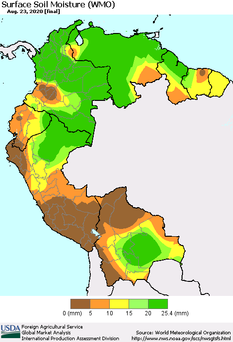 Northern South America Surface Soil Moisture (WMO) Thematic Map For 8/17/2020 - 8/23/2020