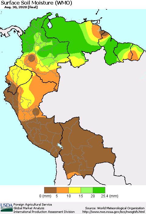 Northern South America Surface Soil Moisture (WMO) Thematic Map For 8/24/2020 - 8/30/2020