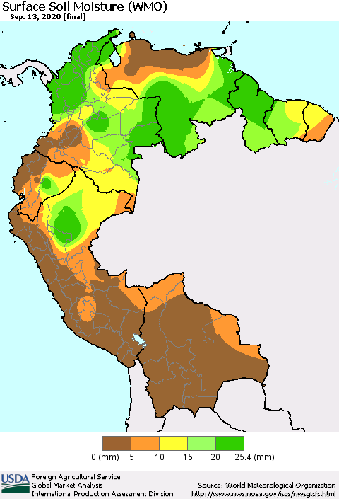 Northern South America Surface Soil Moisture (WMO) Thematic Map For 9/7/2020 - 9/13/2020