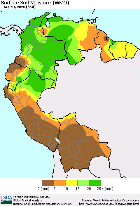Northern South America Surface Soil Moisture (WMO) Thematic Map For 9/21/2020 - 9/27/2020